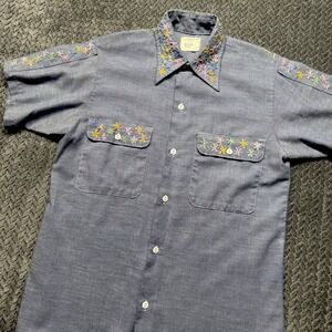VTG 70's‎ JCPenneys Big Mac Denim Cotton Chambray Embroidered Button Up Medium